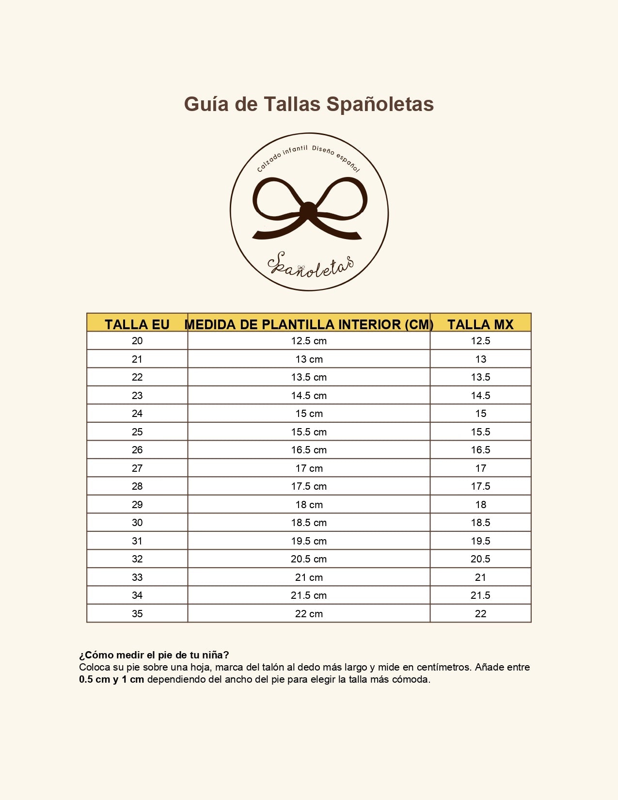 Guía de tallas calzado infantil – Spañoletas México